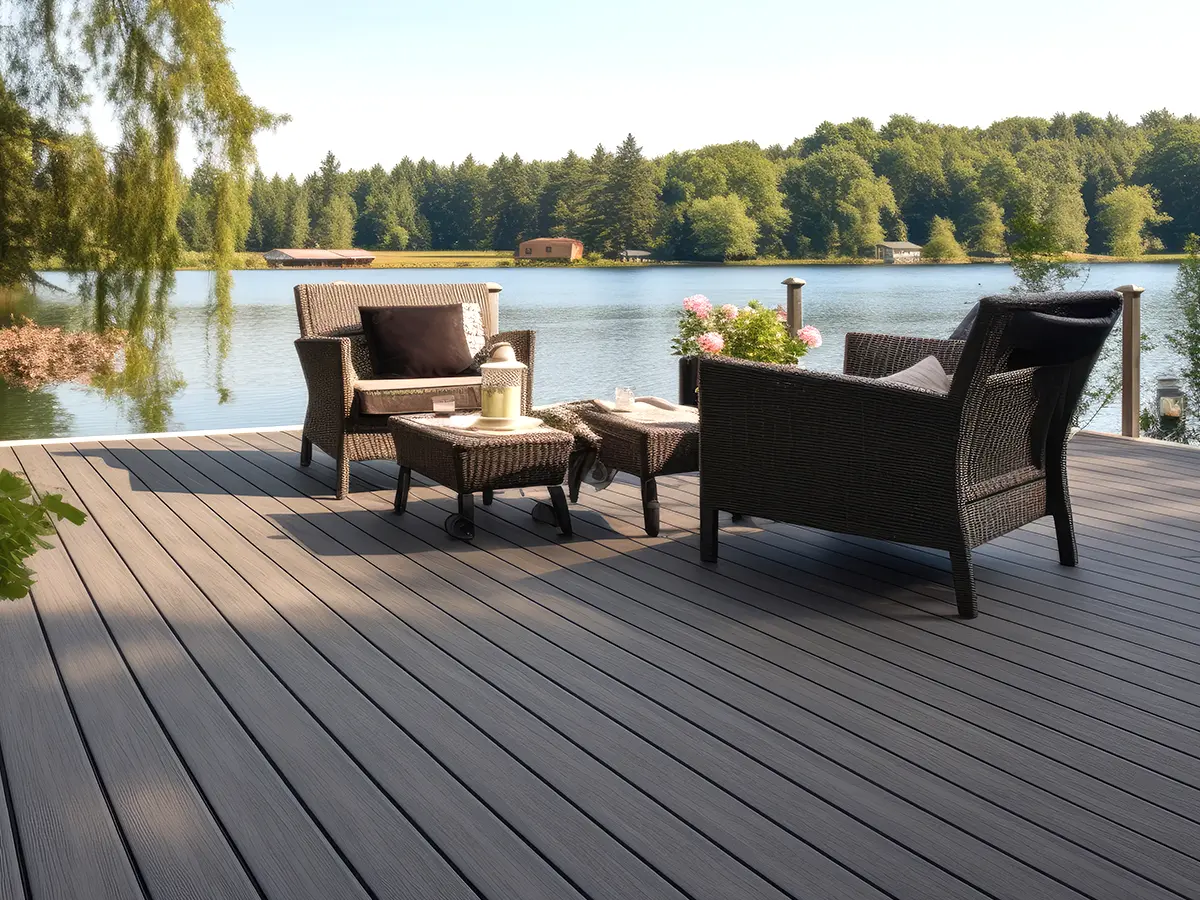 composite deck near lake, dock with outdoor furniture