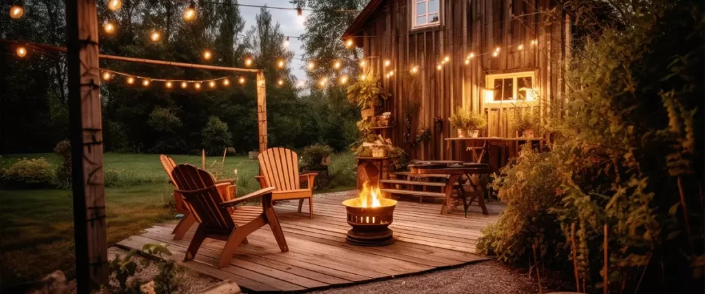 Cosy outdoor patio with a fire pit in the backyard of a wooden cabin in the forest