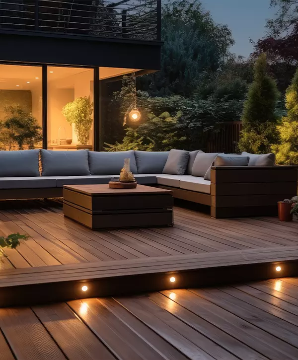 Wooden porch in a stylish backyard, Simple patio furniture and string lights surrounded by greenery at night, deck lighting