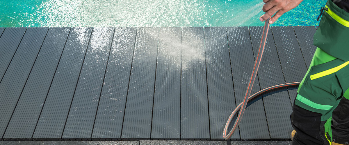 Composite decking cleaning process by the pool